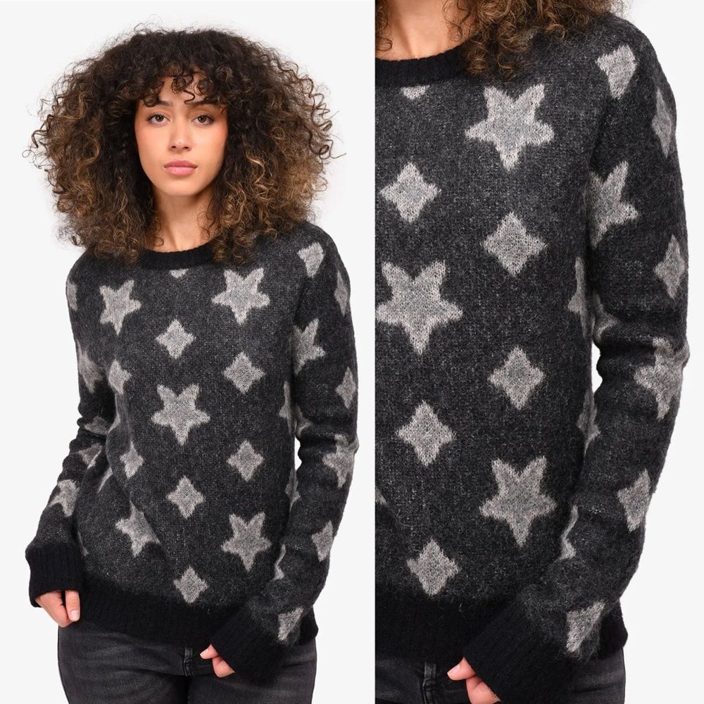 SAINT LAURENT Star Mohair Sweater XL Black Intarsia Fuzzy Grunge Knit Italy YSL